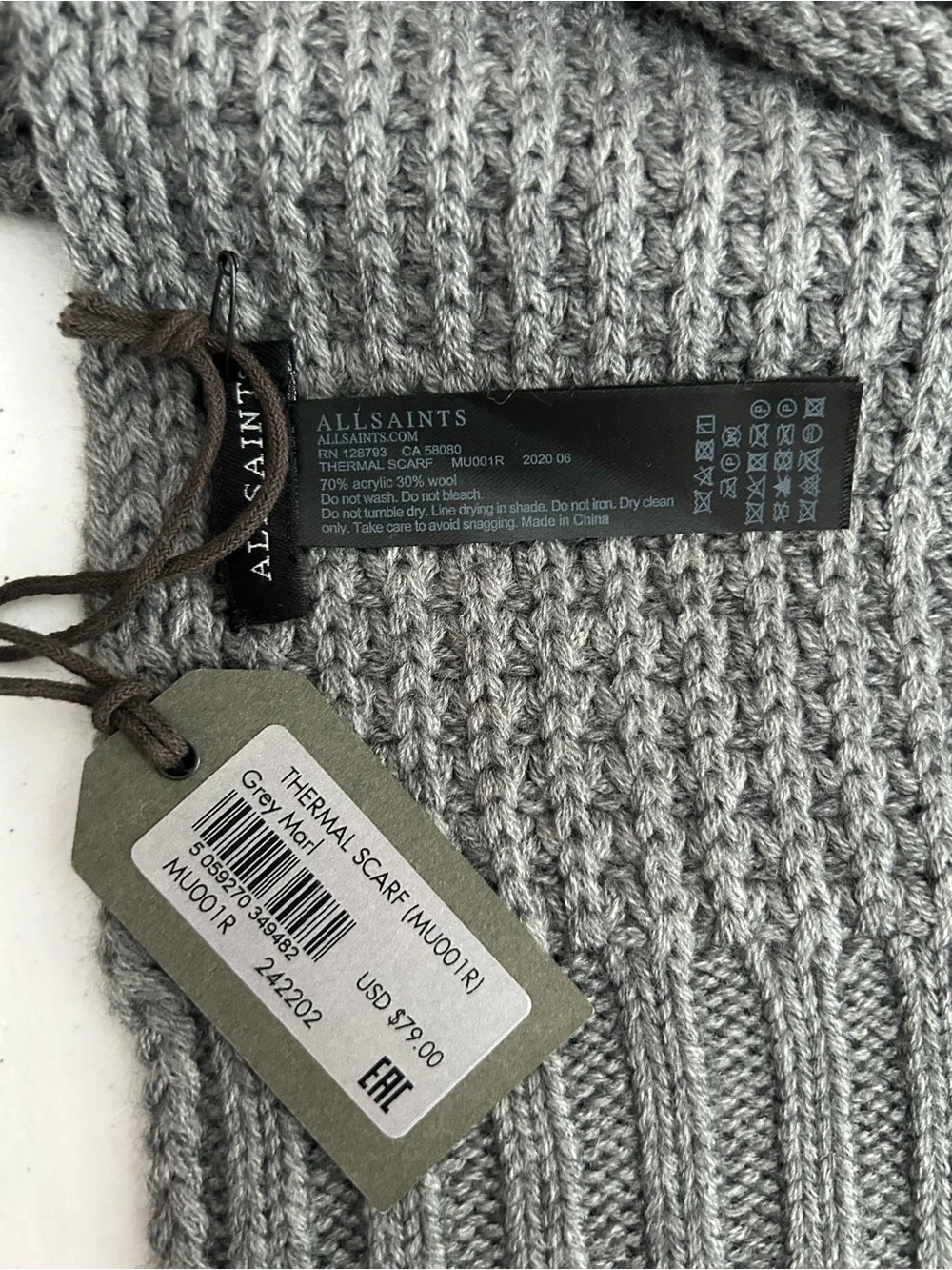 AllSaints Gray Waffle-Knit Sweater Scarf -NWT